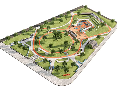 Scenic Park Landscape With Winding Paths Lush Trees And Playground Area 3d model
