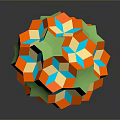 Colorful 3D Geometric Sphere with Orange Green Blue Star Polygons and Reflection