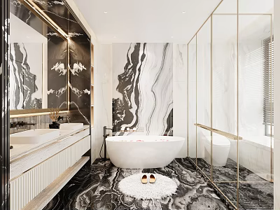 Elegant Bathroom Interior Design With Marble Walls Floor White Bathtub Double Sink And Gold Accents 3d model