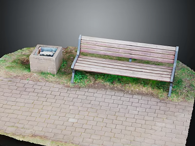 Park Rest Area With Wooden Bench Stone Trash Can Brick Pavement And Green Grass 3d model