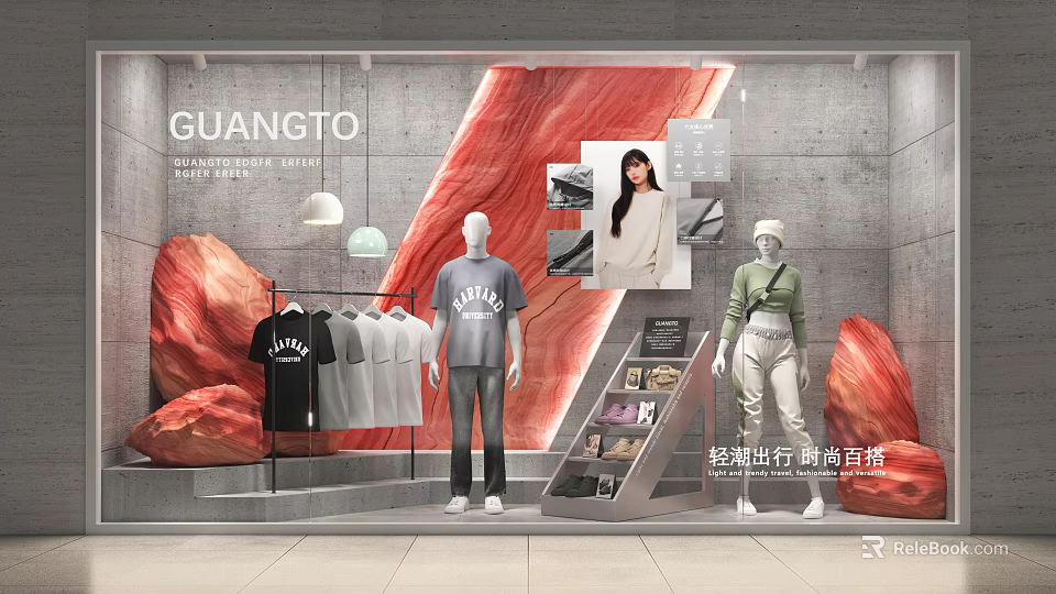 GUANGTO Fashion Window Display With Clothing Mannequins Posters And Decorative Elements 3d model 