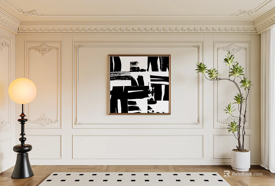 Elegant Interior Paneled Background Wall With Black And White Abstract Painting And Green Plant 3d model 