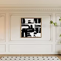 Elegant Interior Paneled Background Wall With Black And White Abstract Painting And Green Plant