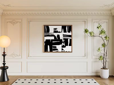 Elegant Interior Paneled Background Wall With Black And White Abstract Painting And Green Plant 3d model