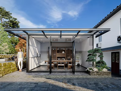 Modern Teahouse with Glass Roof and Open Design Surrounded by Green Plants and Wooden Furniture 3d model