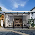 Modern Teahouse with Glass Roof and Open Design Surrounded by Green Plants and Wooden Furniture