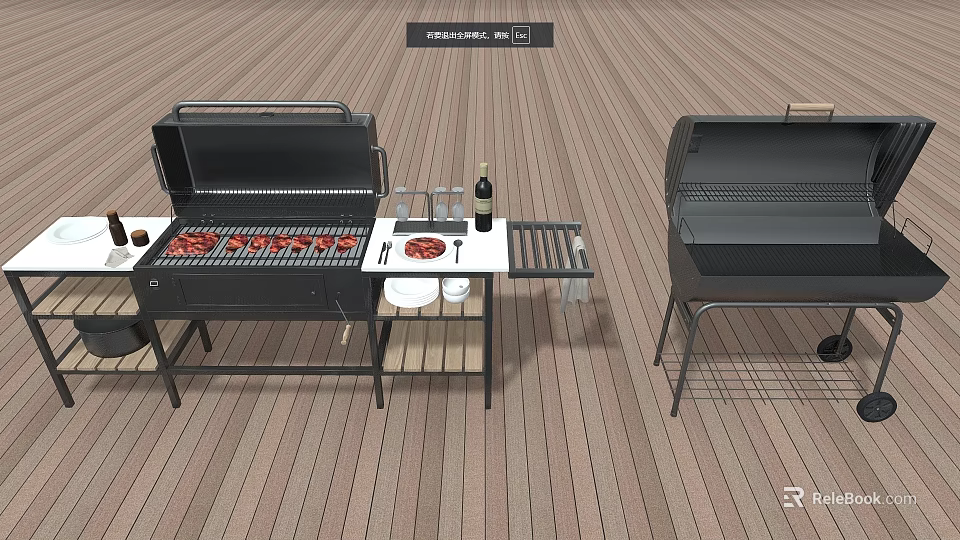 Outdoor Grill Equipment With Open Grill Plates Wine Bottle And Closed Grill On Wooden Deck 3d model 