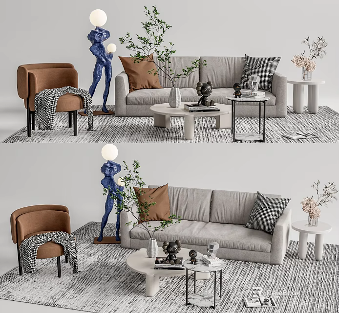 Modern Sofa Coffee Table Set With Gray Upholstery Decorative Pillows And Armchair Sculptures 3d model 