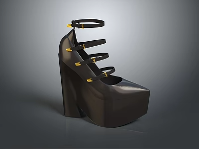 Fashionable Shiny Black Platform Heel Shoes With Multiple Straps And Golden Buckles 3d model
