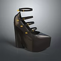Fashionable Shiny Black Platform Heel Shoes With Multiple Straps And Golden Buckles