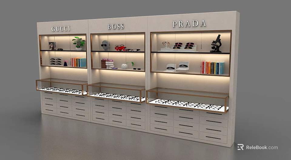 Modern Luxury Brands Display Shelves With Lighting For Eyewear Books Decor 3d model 