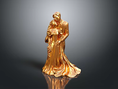 Golden Bride And Groom Embracing Figurine For Home Decor With Reflective Base 3d model