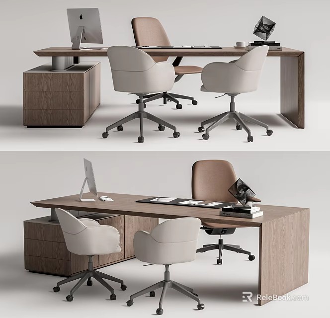 Modern Office Desk and Chair Set with Wooden Table Ergonomic Chairs Computer Monitor and Documents 3d model 