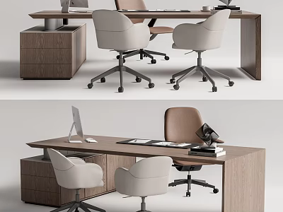 Modern Office Desk and Chair Set with Wooden Table Ergonomic Chairs Computer Monitor and Documents 3d model