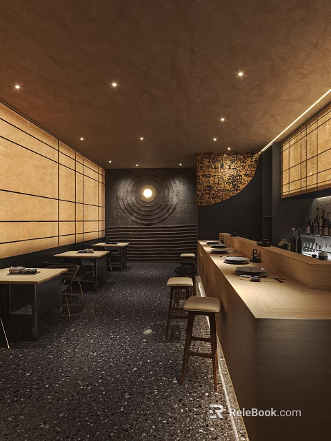 Warm Modern Restaurant Interior Design With Circular Wall Decor Wooden Panels And Bar Stools 3d model 