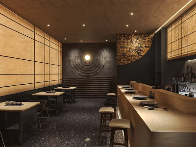 Warm Modern Restaurant Interior Design With Circular Wall Decor Wooden Panels And Bar Stools 3d model