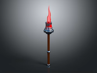 Classic Decorative Torch With Red Flame Metal Base And Wooden Handle 3d model