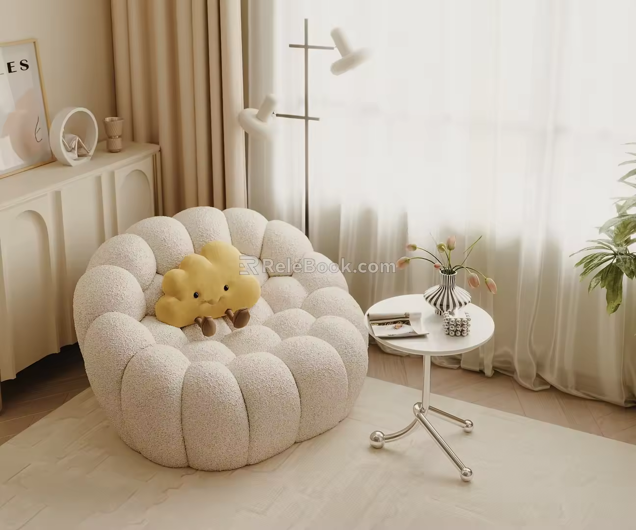 Lazy sofa single sofa cream wind sofa side table 3d model