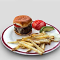 Delicious Juicy Burger With Crispy Fries Fresh Onion Rings Red Bell Pepper Slices And Ketchup