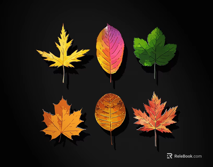 Colorful Autumn Leaves With Different Shapes And Vibrant Colors On Black Background 3d model 