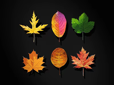 Colorful Autumn Leaves With Different Shapes And Vibrant Colors On Black Background 3d model