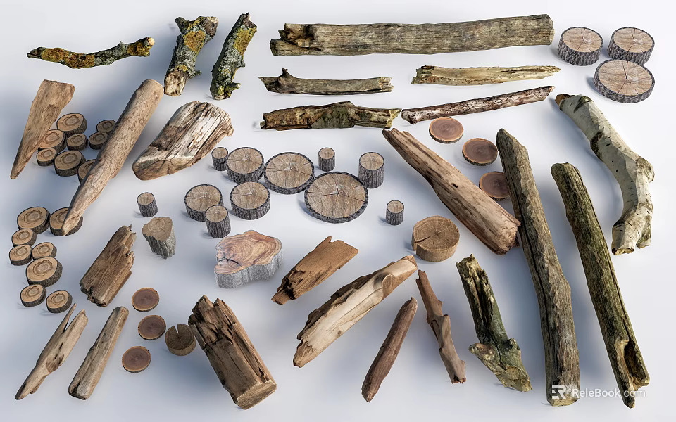 Natural Wood and Stone Materials Collection with Logs Chips Slices and Textures 3d model 