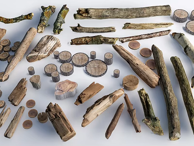 Natural Wood and Stone Materials Collection with Logs Chips Slices and Textures 3d model