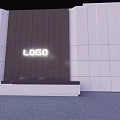 Modern Hotel Lobby with Curved Ceiling Reception Desk Hanging Lights Sofa Seating and Green Plant