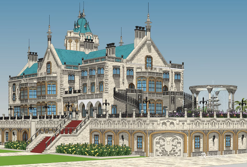 Elegant Detached Villa With Blue Roof White Exterior Grand Steps And Lush Lawn 3d model 
