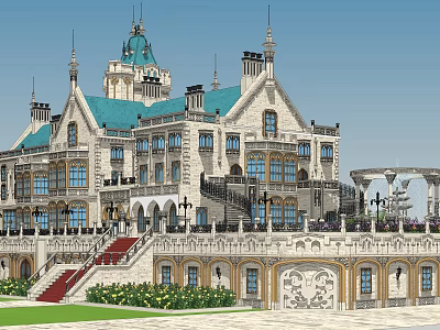 Elegant Detached Villa With Blue Roof White Exterior Grand Steps And Lush Lawn 3d model
