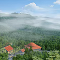Serene Misty Mountain Forest Scenery With Nestled Red Roof Buildings Under Bright Fresh Blue Sky