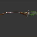 Traditional Decorative Weapon With Long Curved Handle Green Yellow Feather Decoration And Metal Ring