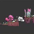 Cartoon Scene With Floating Islands Pink Castle Clouds Green Grass And Mushrooms