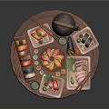 Traditional Japanese Cuisine Assorted Sushi Sashimi on Circular Tray with Teapot and Chopsticks