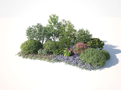Various Trees In Natural Garden Landscape With Shrubs Purple Flowers And Green Vegetation 3d model