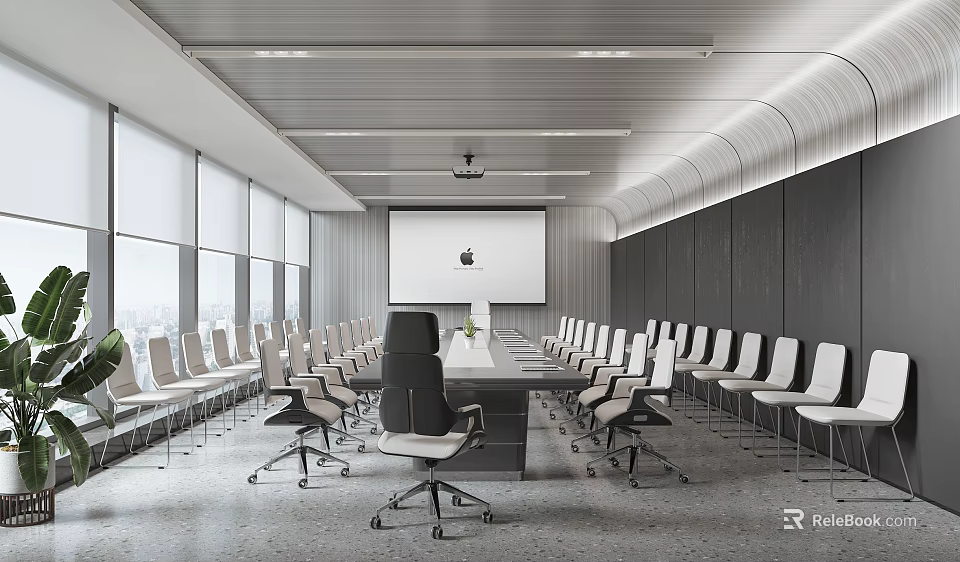 Modern Conference Room Interior Design With Large Projector Screen Long Table And Comfortable Chairs 3d model 