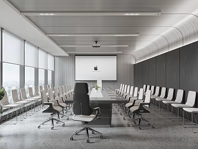 Modern Conference Room Interior Design With Large Projector Screen Long Table And Comfortable Chairs 3d model
