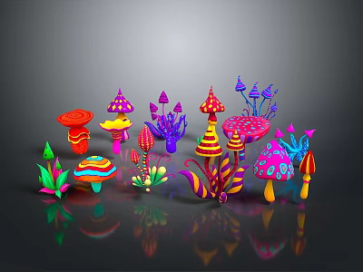 Colorful Aquatic Animals Featuring Striped Spotted Patterns On Dark Reflective Background 3d model