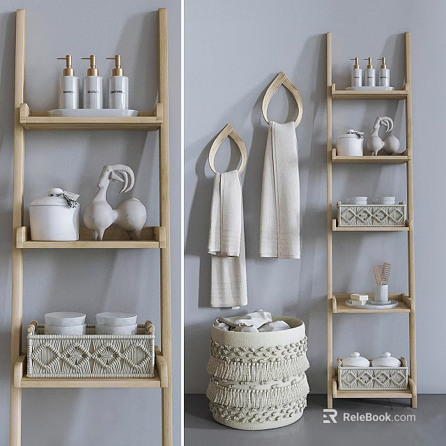 Elegant Bathroom Accessories Featuring Towel Rings Towels Ceramic Containers and Woven Basket on Shelves 3d model 