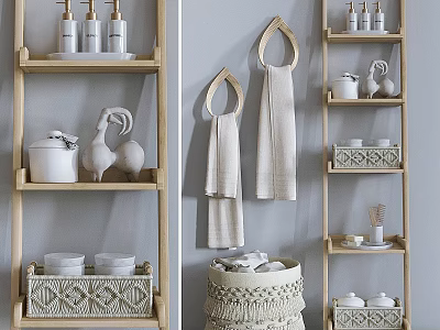 Elegant Bathroom Accessories Featuring Towel Rings Towels Ceramic Containers and Woven Basket on Shelves 3d model