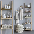 Elegant Bathroom Accessories Featuring Towel Rings Towels Ceramic Containers and Woven Basket on Shelves