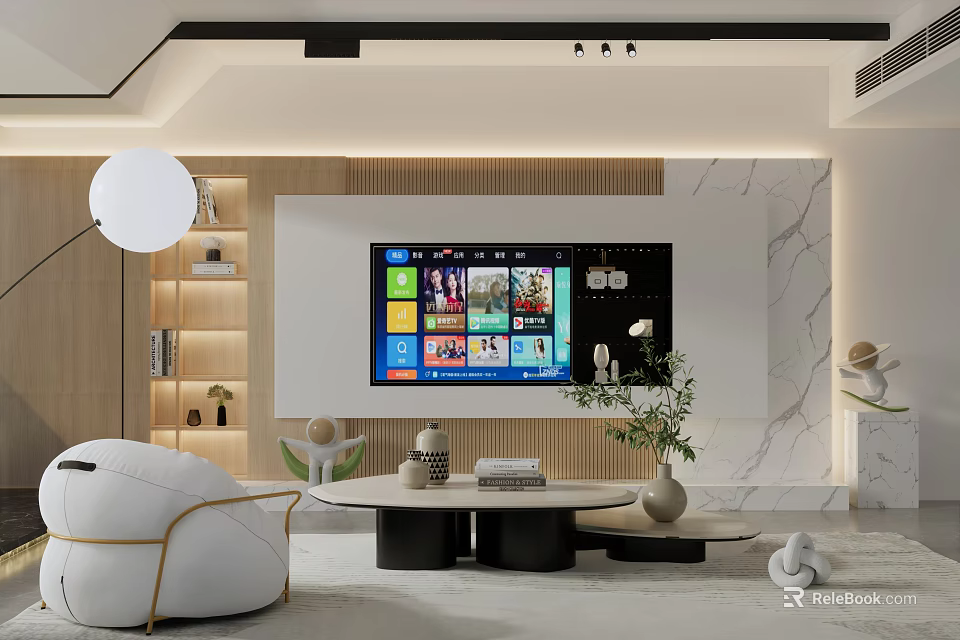 Modern TV Background Wall Design With Wood Panel Marble Accent Recessed Lighting And Decorative Shelves 3d model 