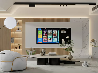 Modern TV Background Wall Design With Wood Panel Marble Accent Recessed Lighting And Decorative Shelves 3d model