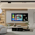 Modern TV Background Wall Design With Wood Panel Marble Accent Recessed Lighting And Decorative Shelves