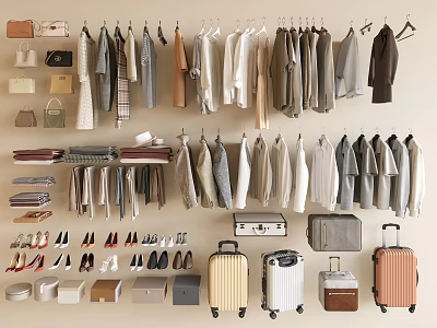 Stylish Variety of Hanging And Folded Clothes With Bags Shoes And Luggage 3d model