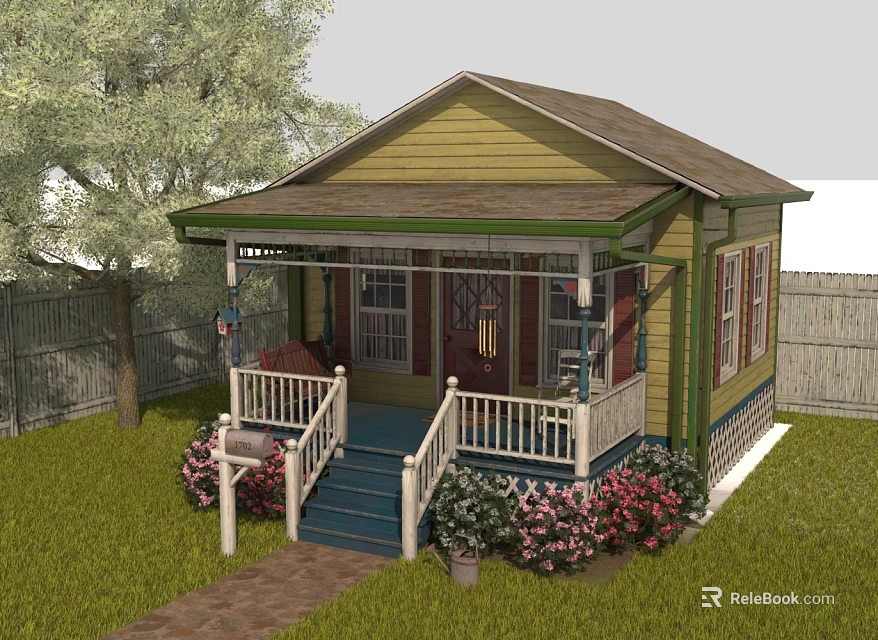Charming Wooden House With Porch White Railing Blue Steps Green Lawn Pink Flowers And Tree 3d model 