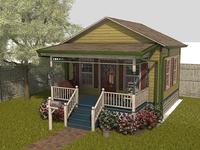 Charming Wooden House With Porch White Railing Blue Steps Green Lawn Pink Flowers And Tree 3d model