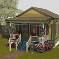 Charming Wooden House With Porch White Railing Blue Steps Green Lawn Pink Flowers And Tree