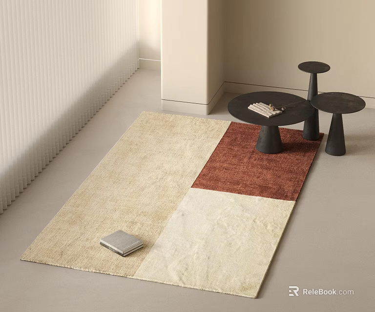 Square Rug With Neutral Rust Patchwork Design In Modern Living Space With Black Accent Tables 3d model