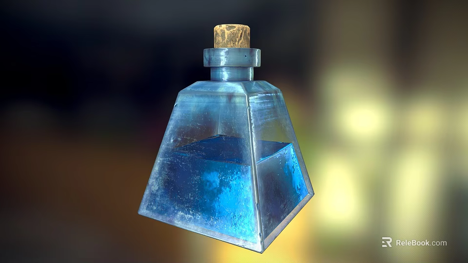 Elegant Conical Glass Bottle With Clear Blue Liquid And Wooden Cork 3d model 